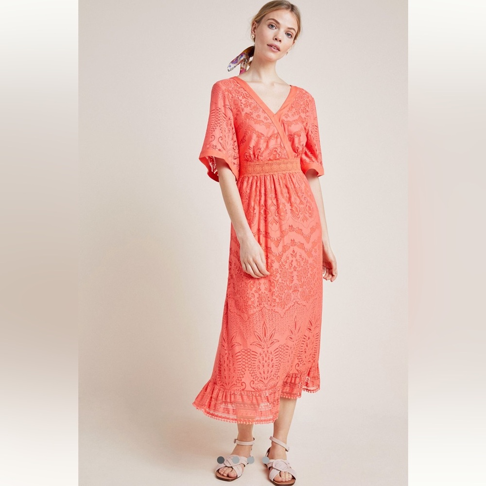 Farm Rio Anthropologie Devore Coral Pink Orange Lace Maxi Dress Size Small